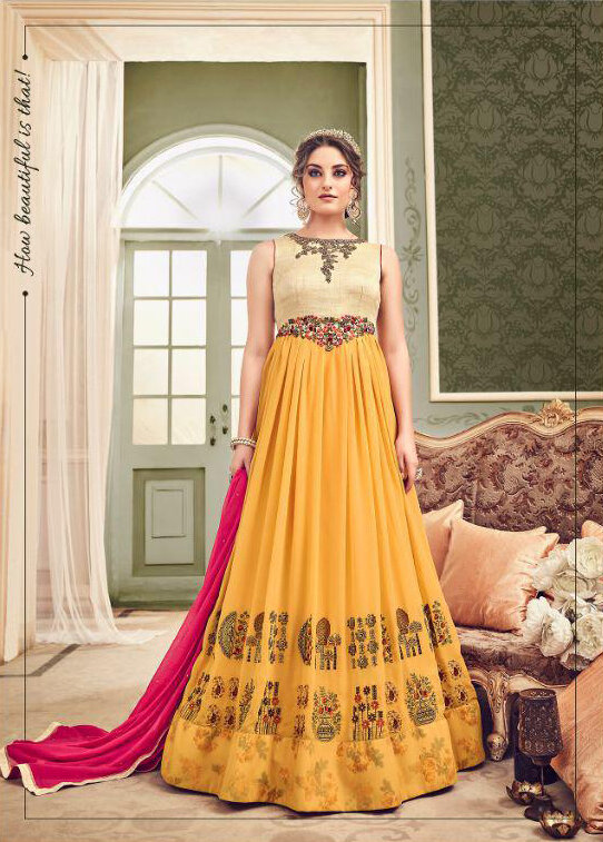 Embroidered Heavy Georgette Anarkali Suit In Mustard Yellow