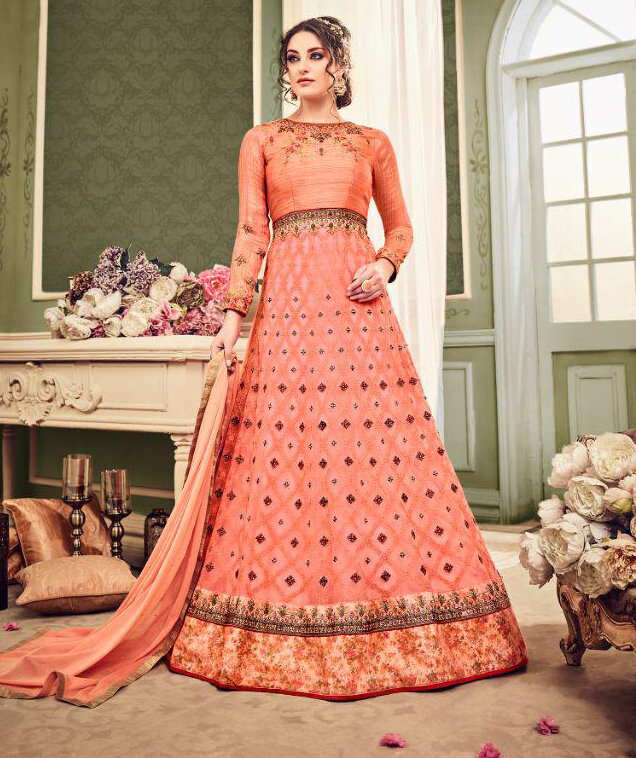 Embroidered Heavy Georgette Anarkali Suit In Peach