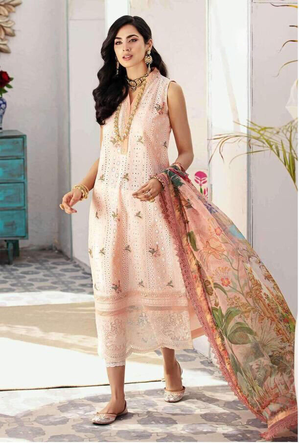 Embroidered Heavy Lawn Pakistani Suit In Peach