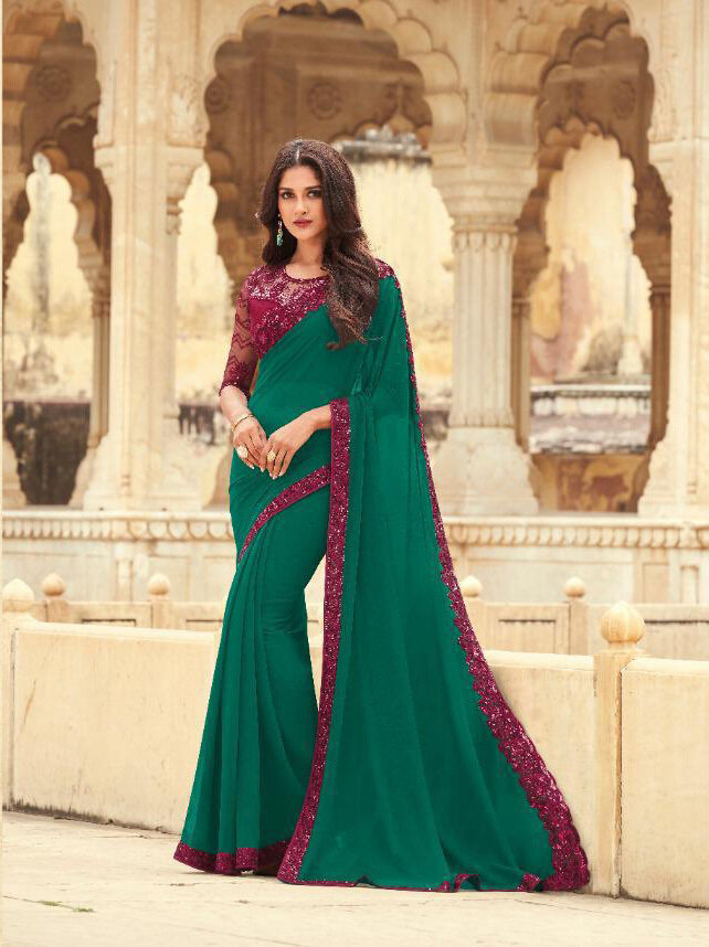 Embroidered Kasab Georgette Saree In Green