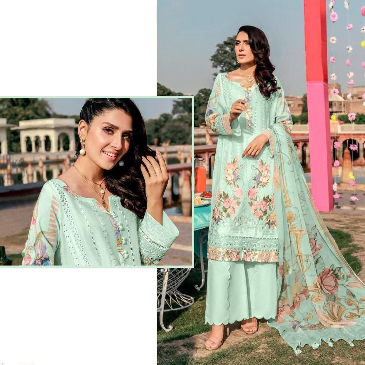 Embroidered Lawn Cotton Plazzo Suit In Blue
