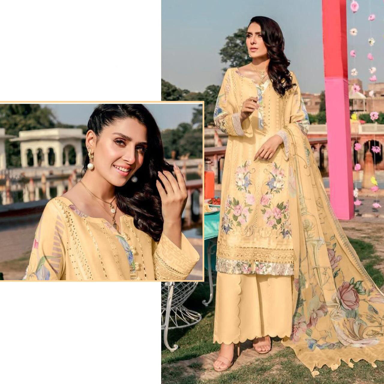 Embroidered Lawn Cotton Plazzo Suit In Yellow