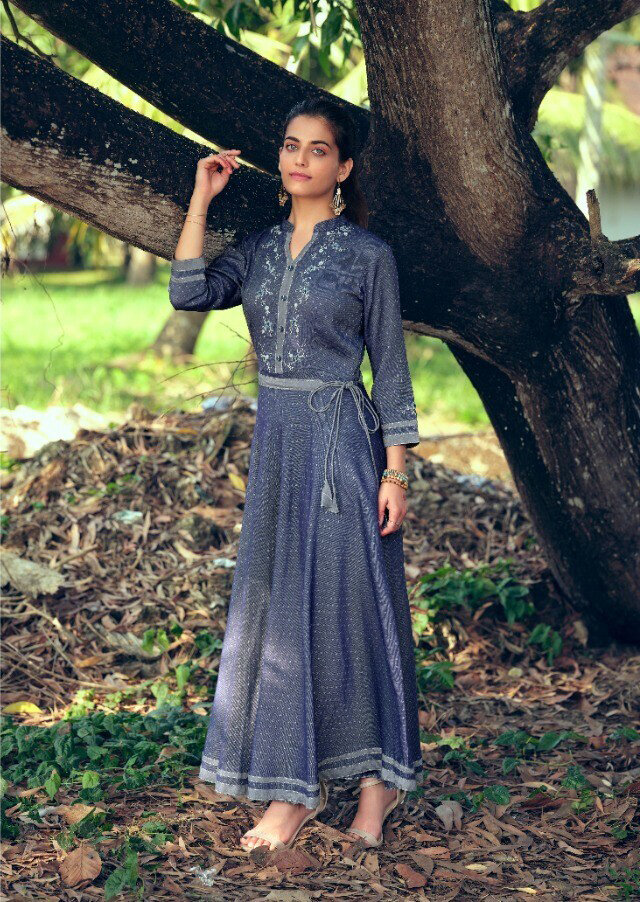 Embroidered Liquid Dobby Gown In Grey