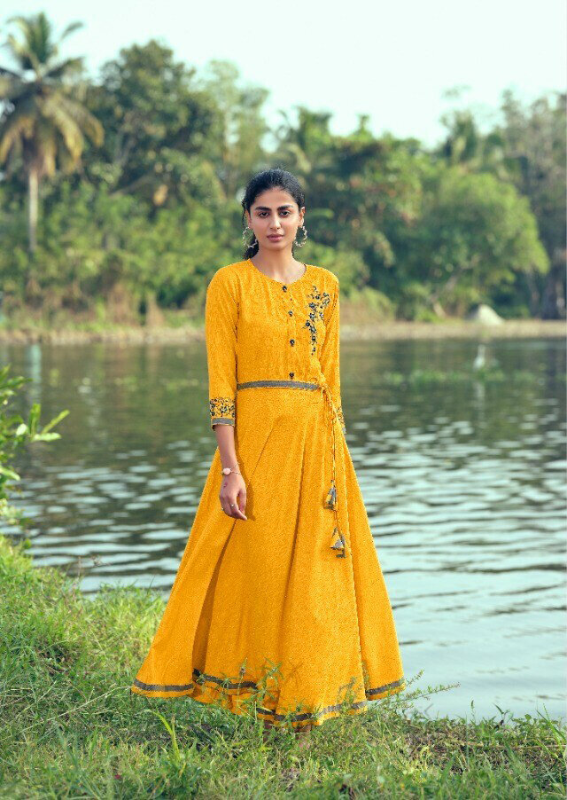 Embroidered Liquid Dobby Gown In Yellow