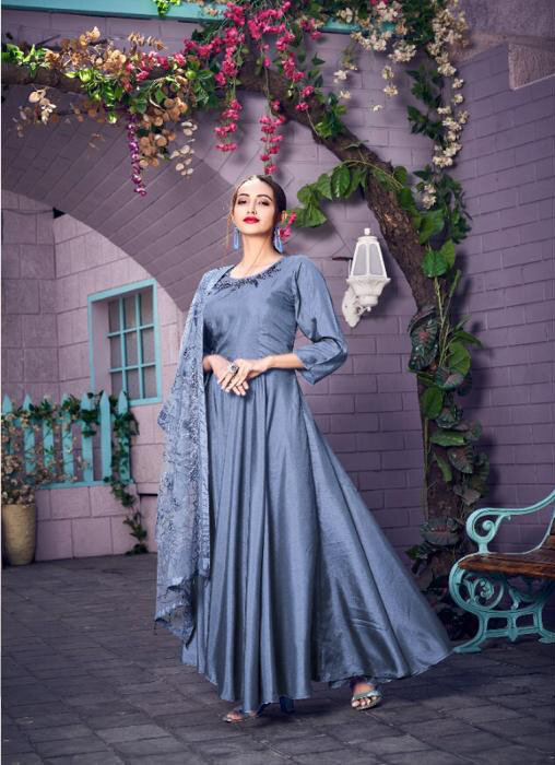 Embroidered Muslin Anarkali Suit In Blue