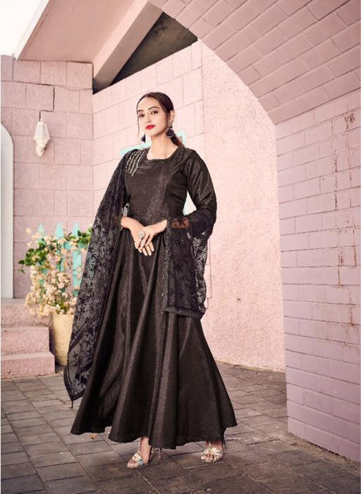 Embroidered Muslin Anarkali Suit In Brown