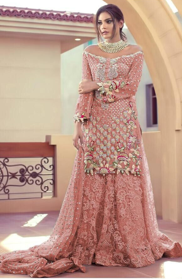 Embroidered Net Pakistani Suit In Dusty Peach