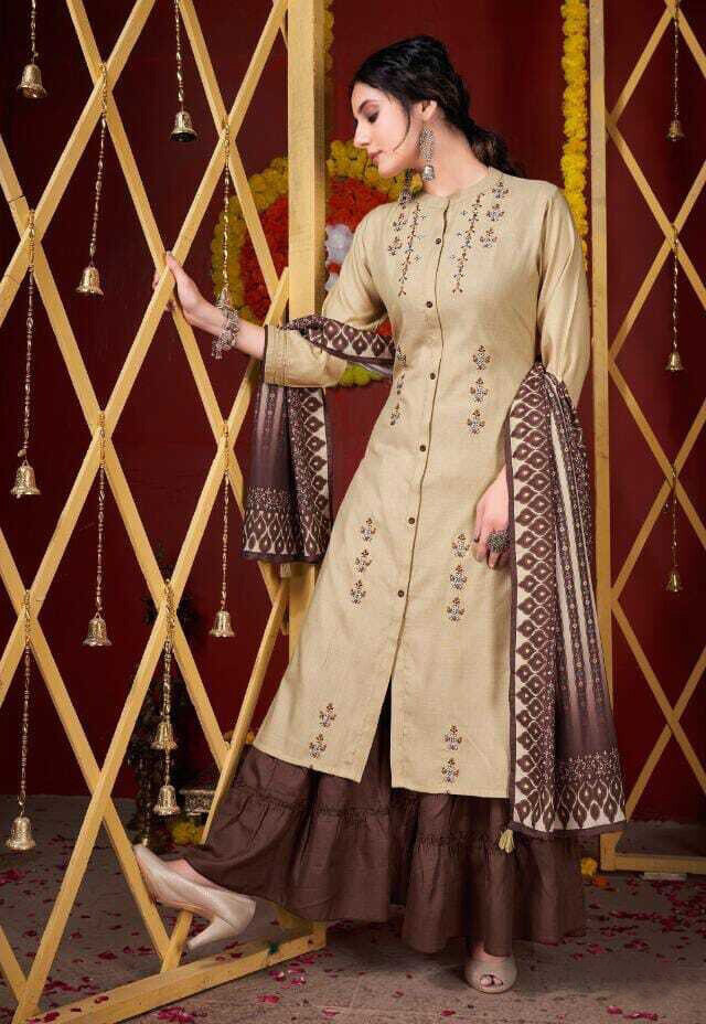 Embroidered Pure Cotton Plazzo Suit In Brown