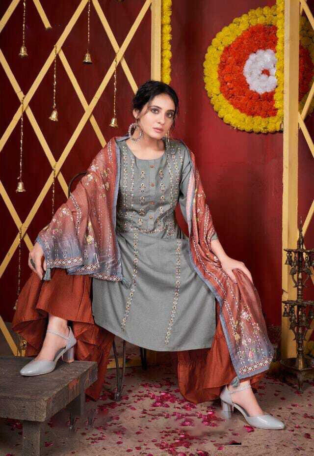 Embroidered Pure Cotton Plazzo Suit In Grey