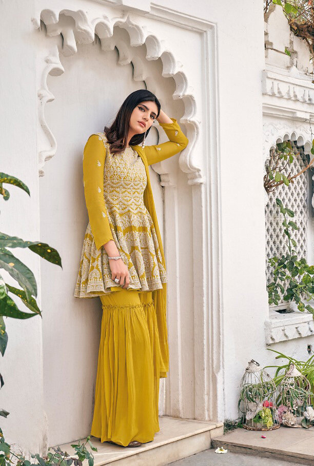 Embroidered Pure Viscose Georgette Sharara Suit In Mustard Yellow