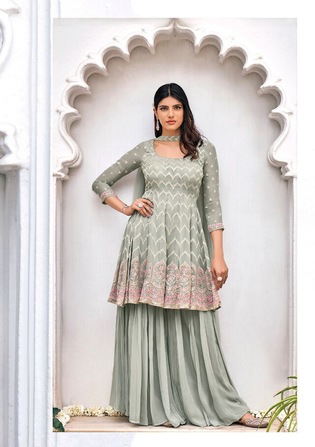 Embroidered Pure Viscose Georgette Sharara Suit In Sea Green