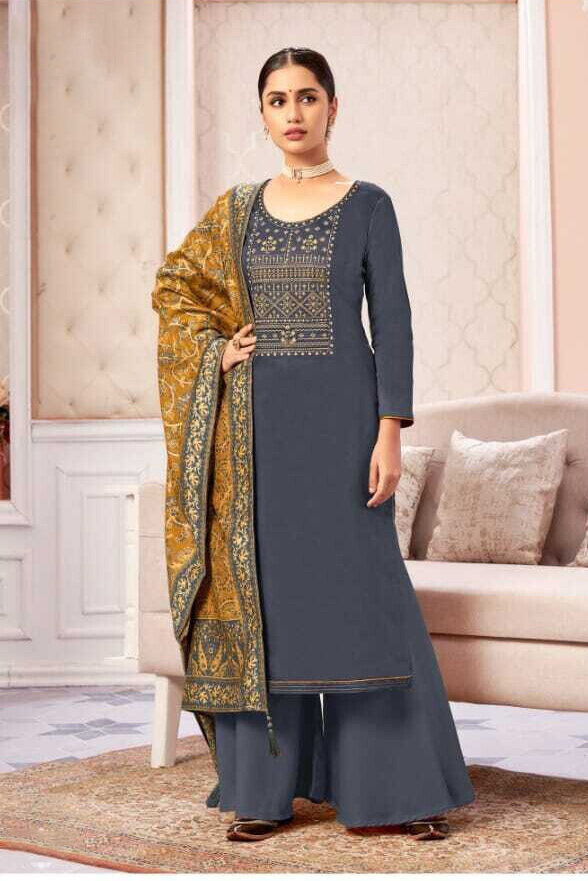 Embroidered Pure Zam Cotton Plazzo Suit In Grey