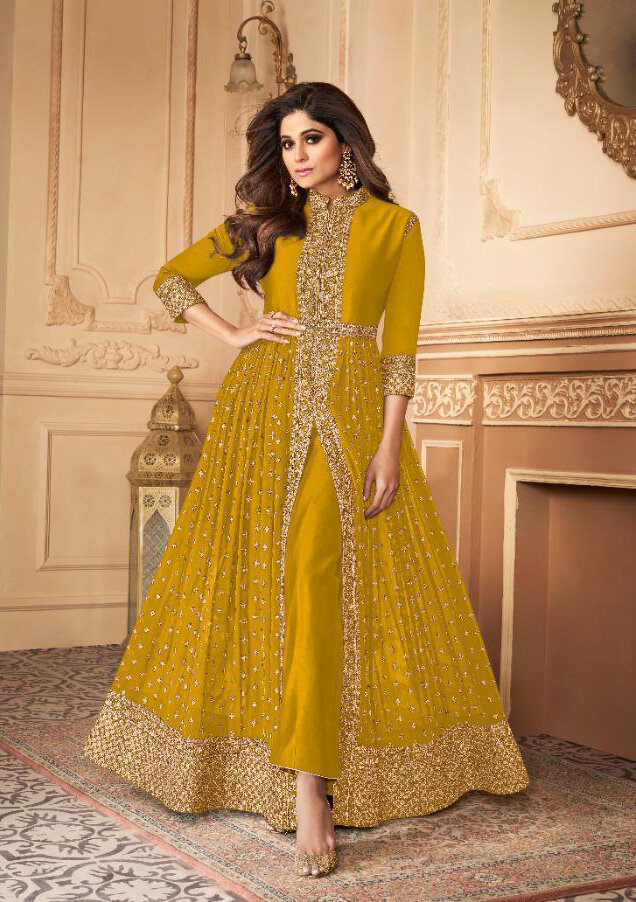 Embroidered Real Georgette Anarkali Suit In Mustard Yellow