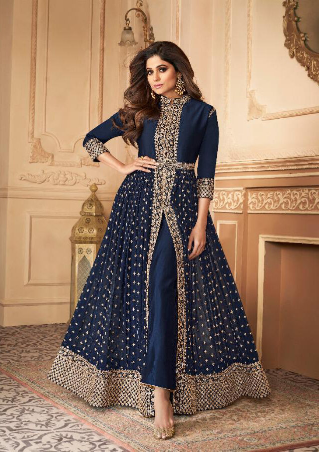 Embroidered Real Georgette Anarkali Suit In Navy Blue