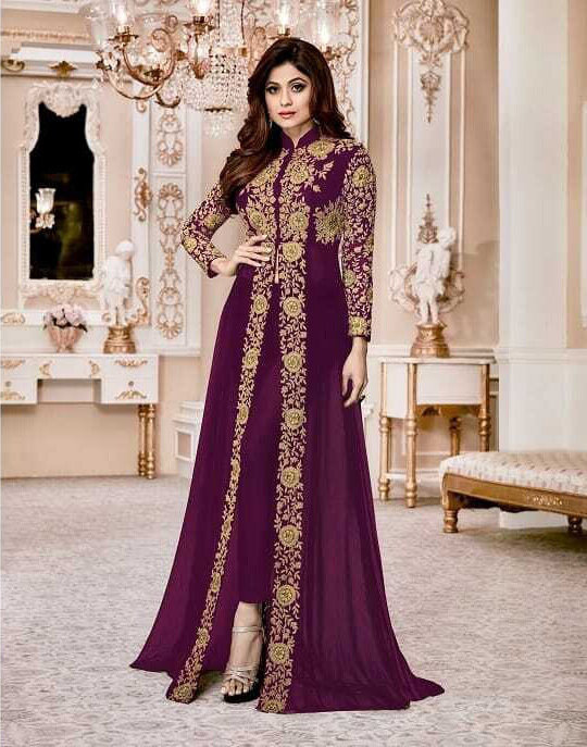 Embroidered  Real Georgette Anarkali Suit In Purple