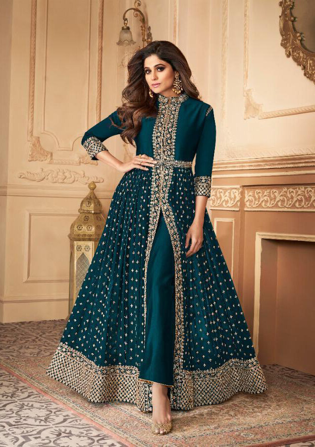 Embroidered Real Georgette Anarkali Suit In Rama Blue