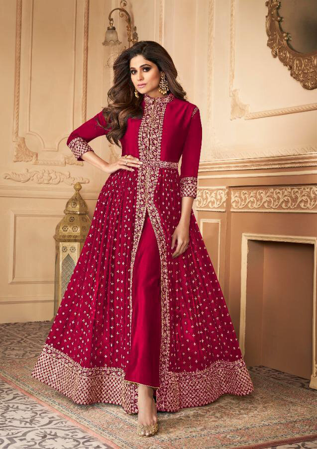 Embroidered Real Georgette Anarkali Suit In Wine