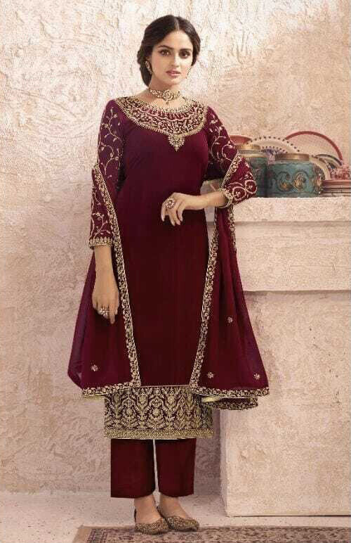 Embroidered Real Georgette Plazzo Suit In Wine