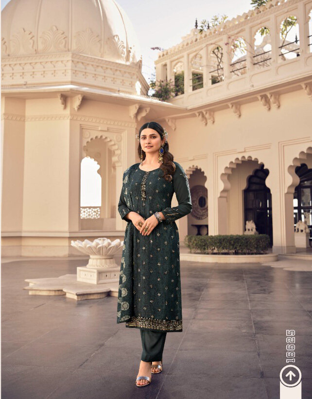 Embroidered Royal Crepe Plazzo Suit In Dark Grey
