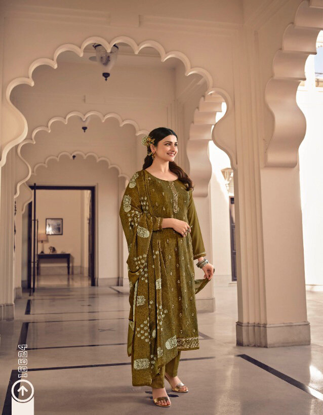 Embroidered Royal Crepe Plazzo Suit In Dark Mustard