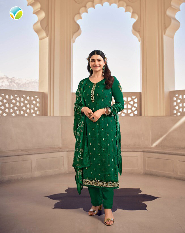 Embroidered Royal Crepe Plazzo Suit In Leaf Green