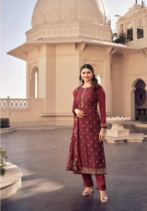Embroidered Royal Crepe Plazzo Suit In Maroon