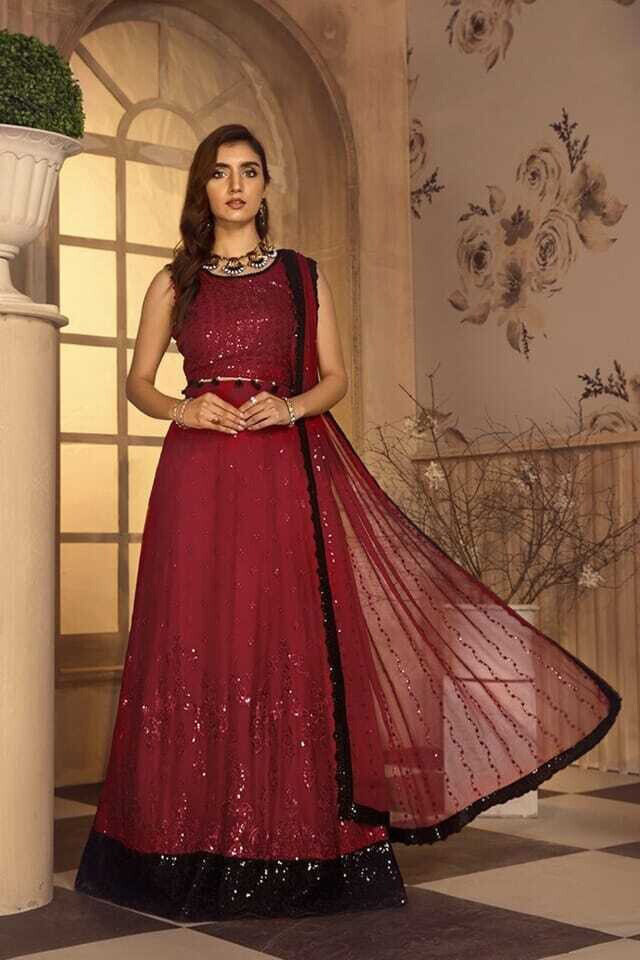 Embroidered Sequence Faux Georgette Pakistani Suit In Red