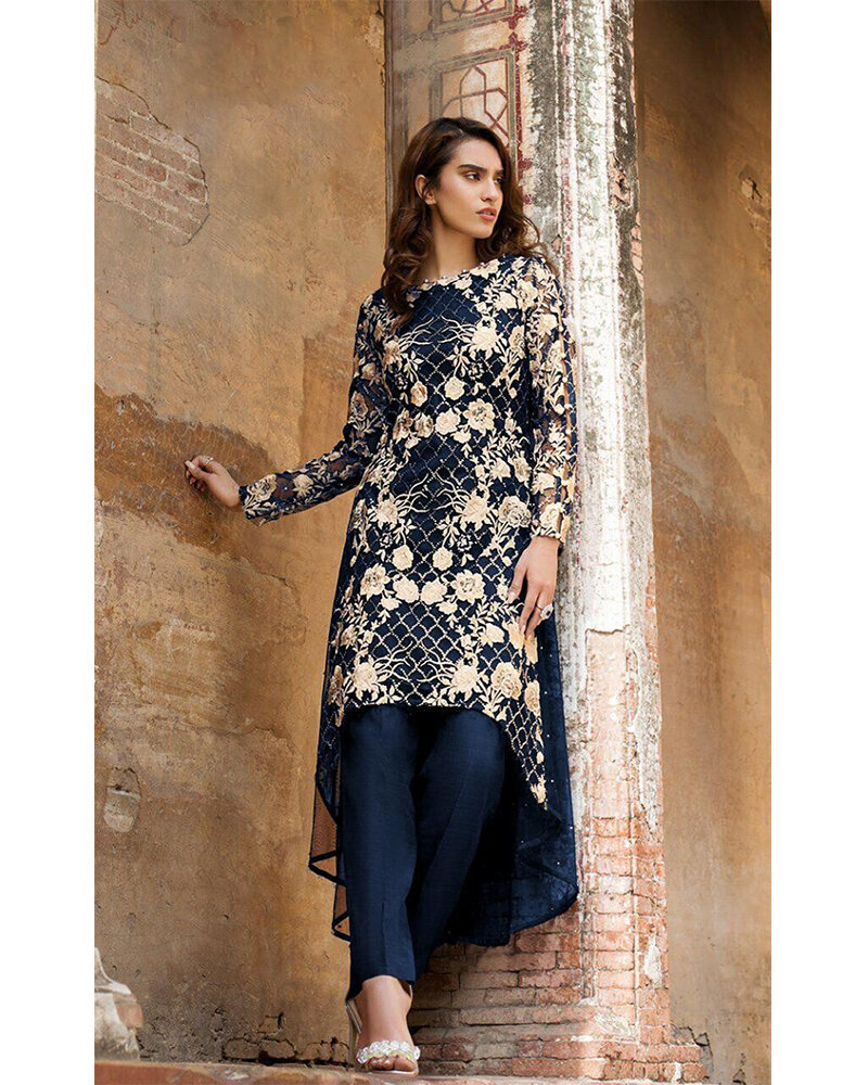 Embroidered Sequins Georgette Pakistani Suit In Dark Blue