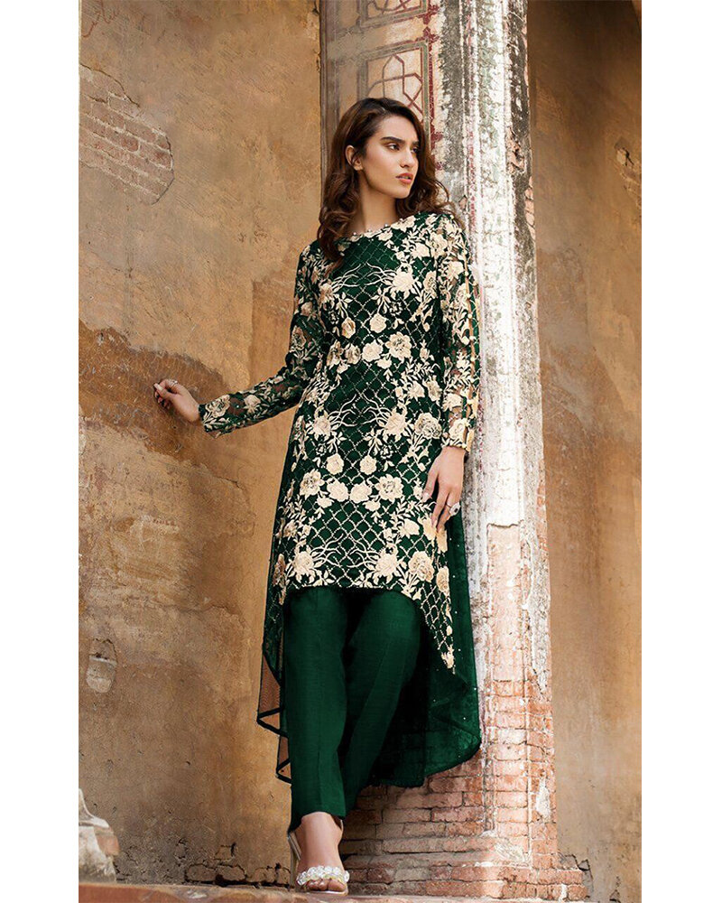 Embroidered Sequins Georgette Pakistani Suit In Dark Green