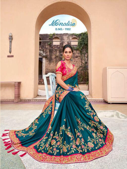 Embroidered Silk Diwali Special Saree In Teal Blue Pink