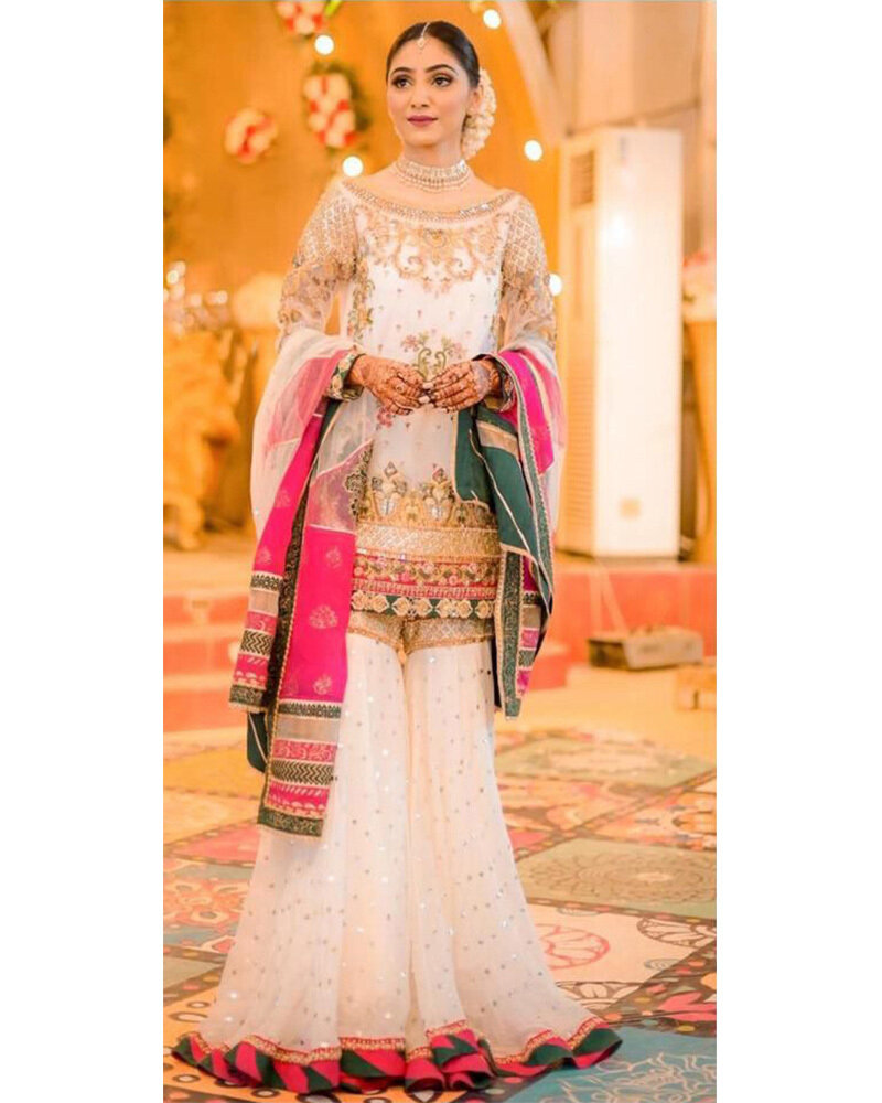 Embroidered Silk Satin Sharara Suit In White