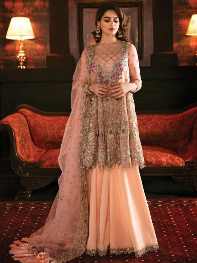 Embroidered Work Georgette Sharara Suit In Peach
