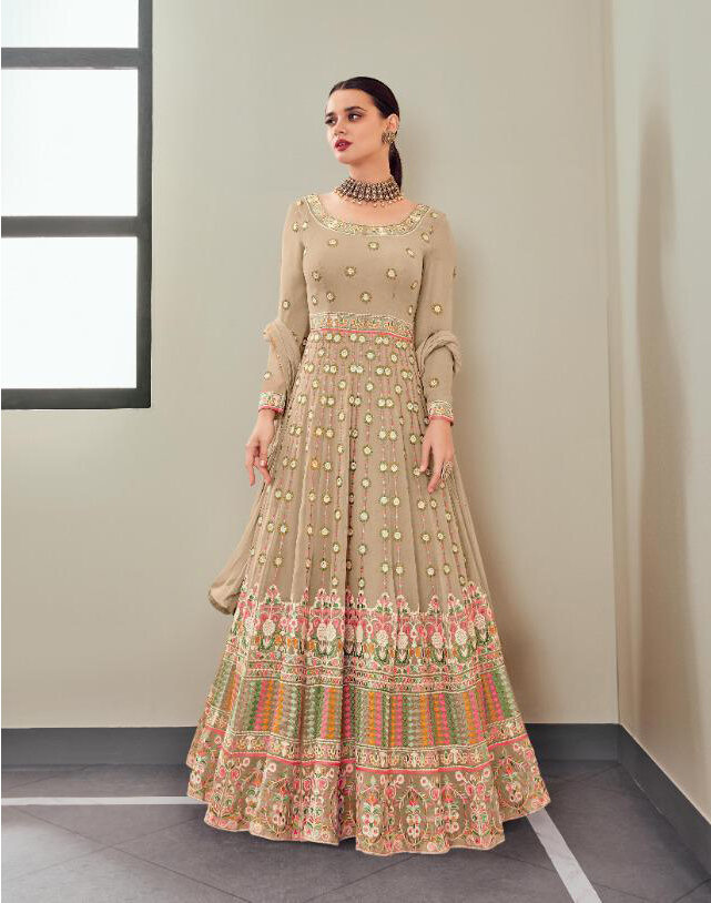 Embroidered Work Real Georgette Anarkali Suit In Cream