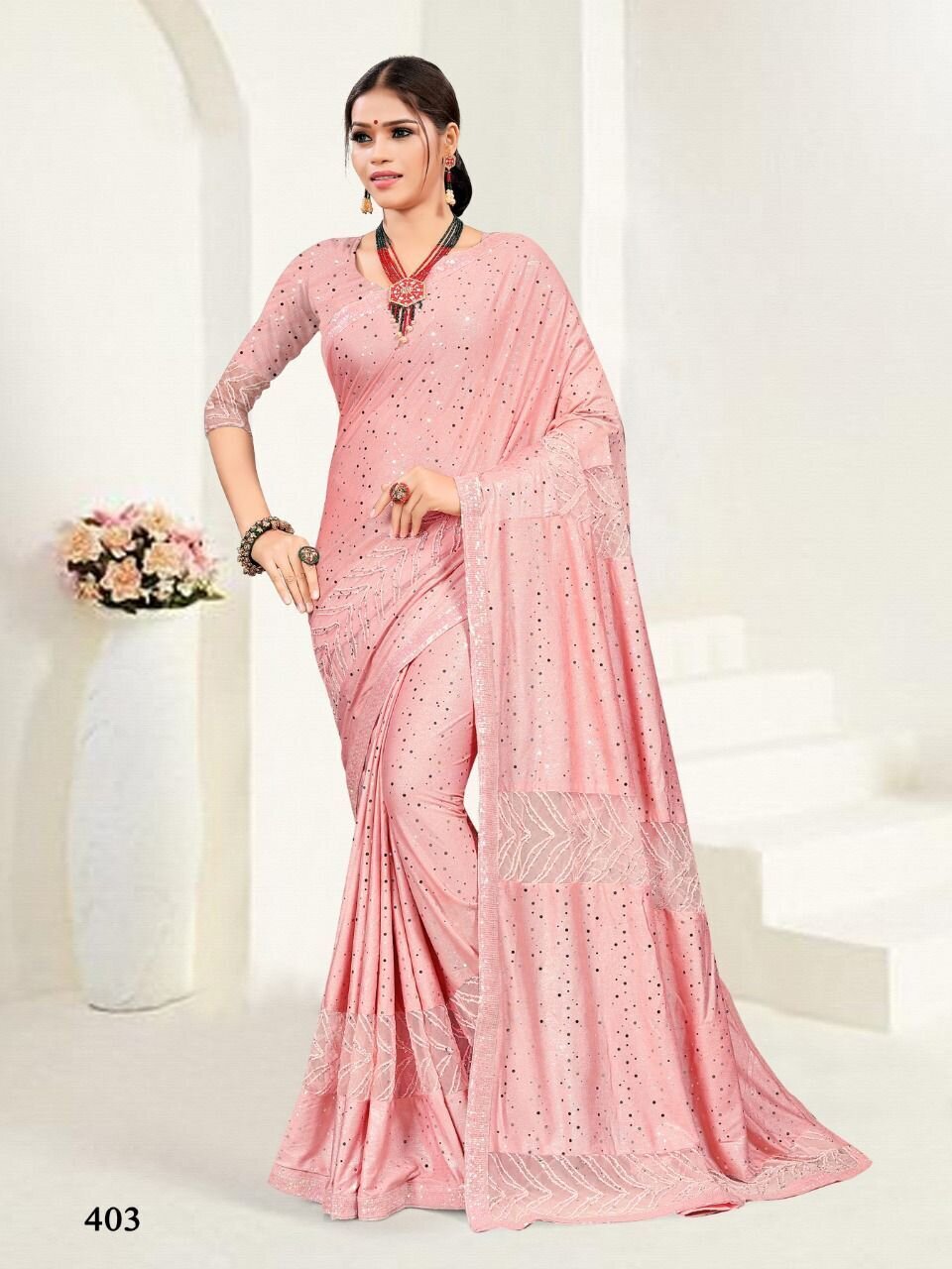 Embroidery Imported Stretchable Lycra Saree In Baby Pink