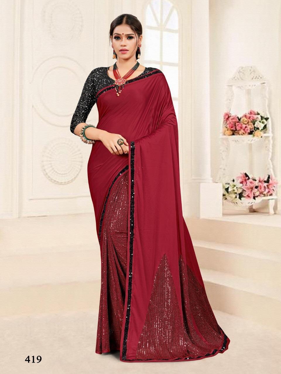 Embroidery Imported Stretchable Lycra Saree In Deep Red