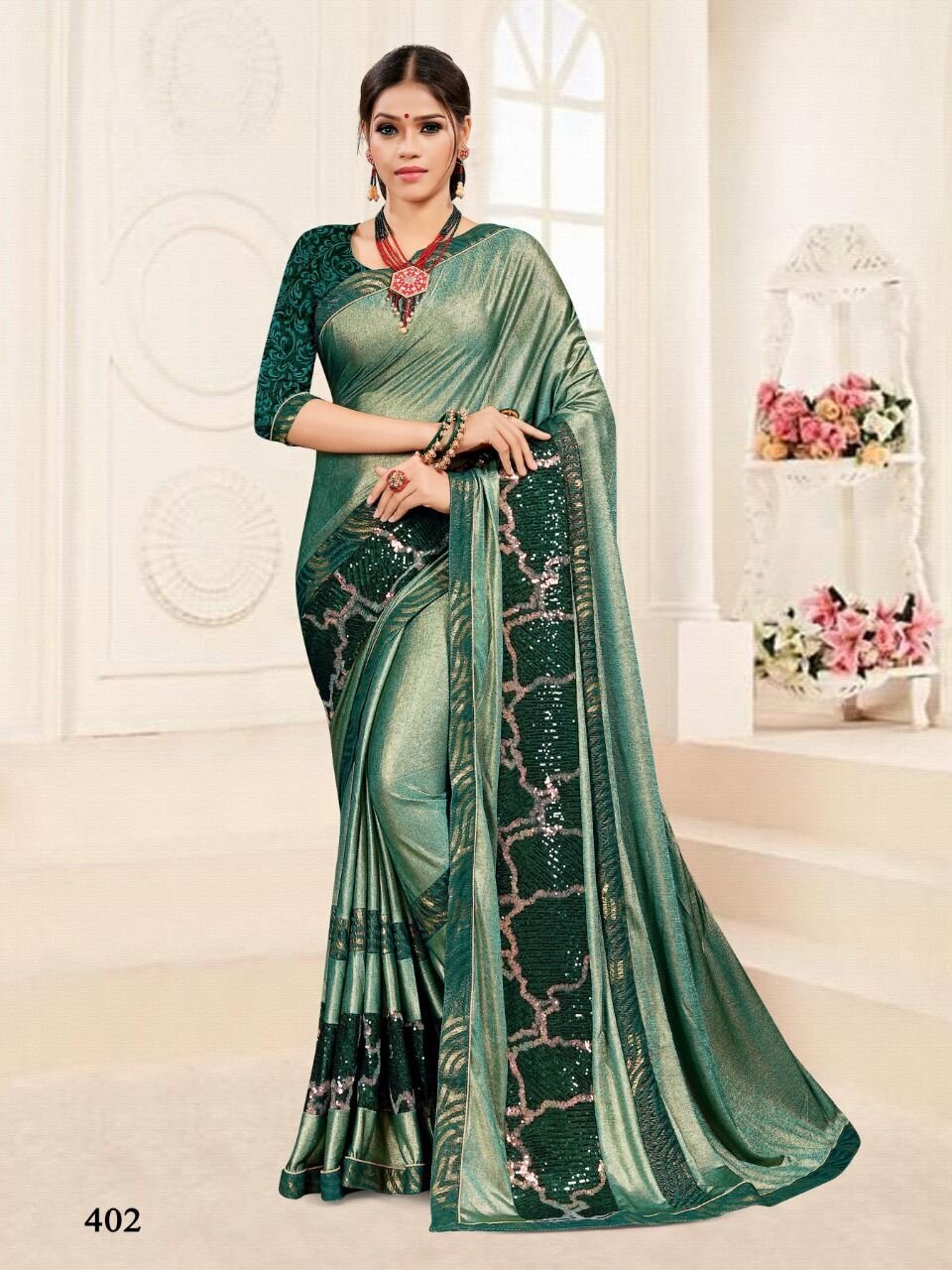 Embroidery Imported Stretchable Lycra Saree In Green
