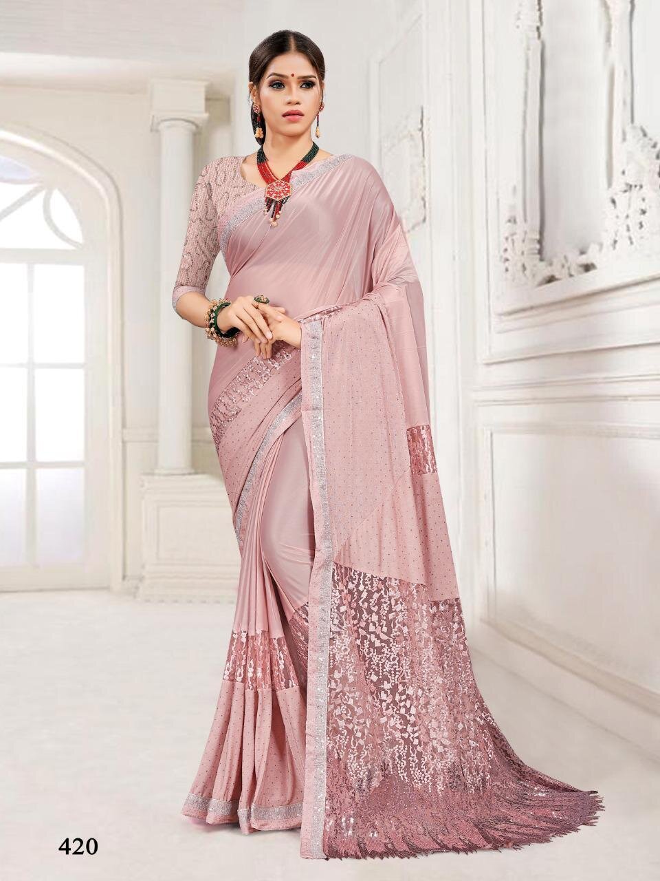 Embroidery Imported Stretchable Lycra Saree In Light Pink