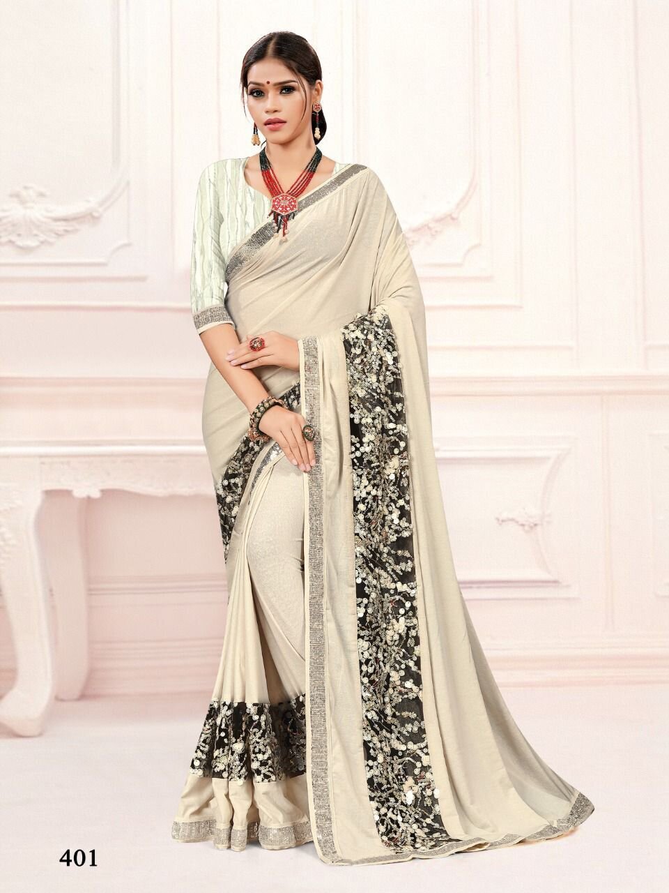 Embroidery Imported Stretchable Lycra Saree In Off White