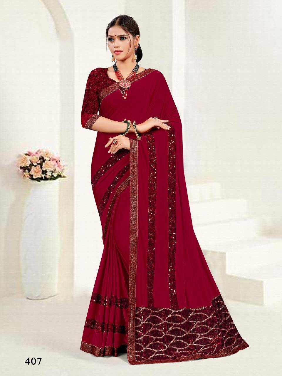 Embroidery Imported Stretchable Lycra Saree In Red