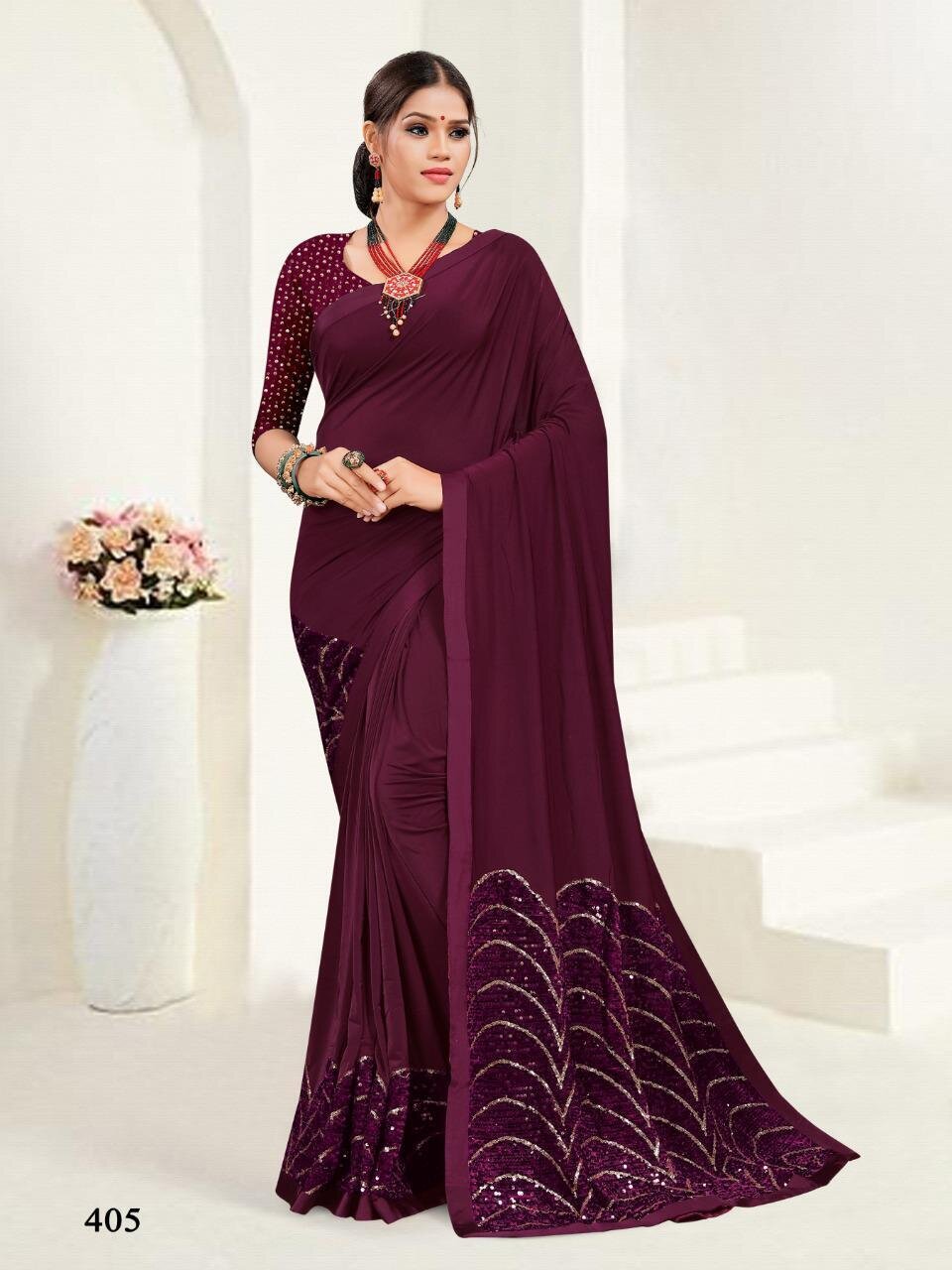 Embroidery Imported Stretchable Lycra Saree In Wine