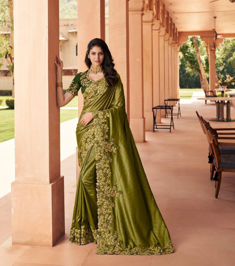 Fancy Embroidered Saree In Mehendi Green