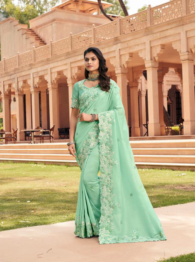 Fancy Embroidered Saree In Mint  Green