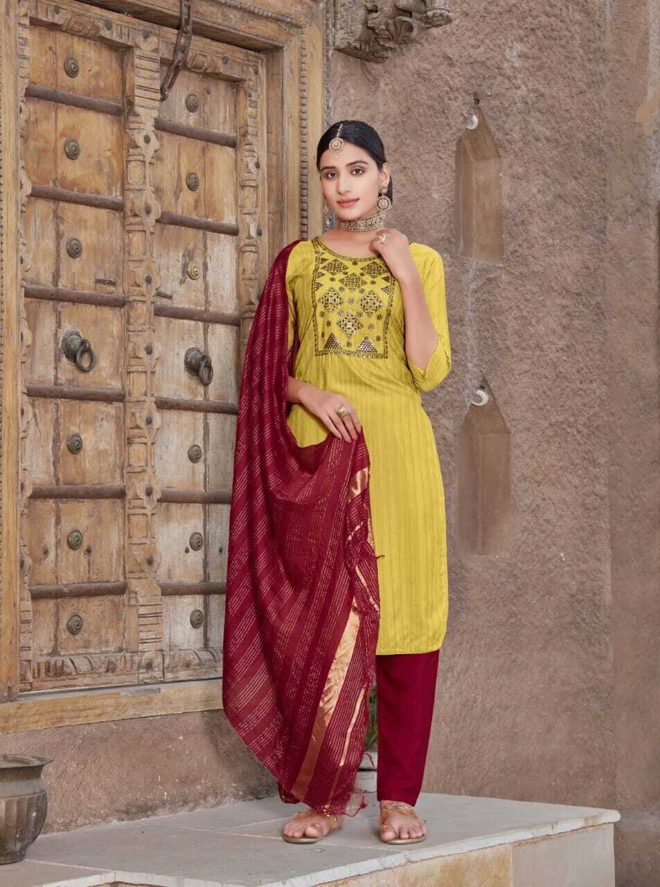 Fancy Handwork Pure Chinon Pant Suit In Yellow Red