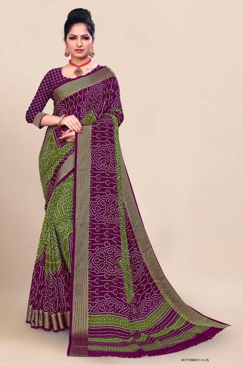 Fancy Print Chiffon Saree In Green Purple