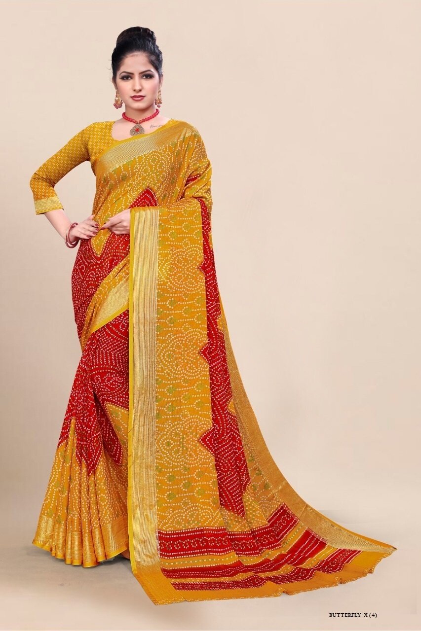Fancy Print Chiffon Saree In Red Yellow