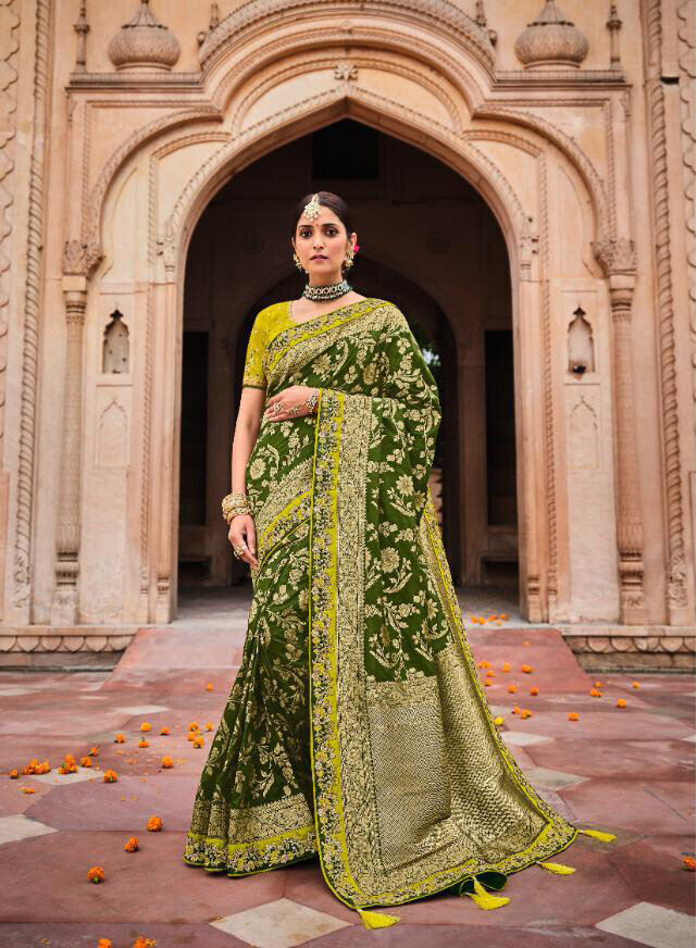 Fancy Resham Print Silk Saree In Mehendi Green