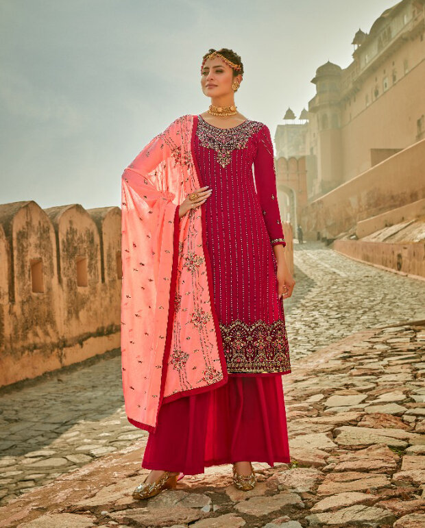 Faux Georgette Embroidered Sharara Suit In Rani