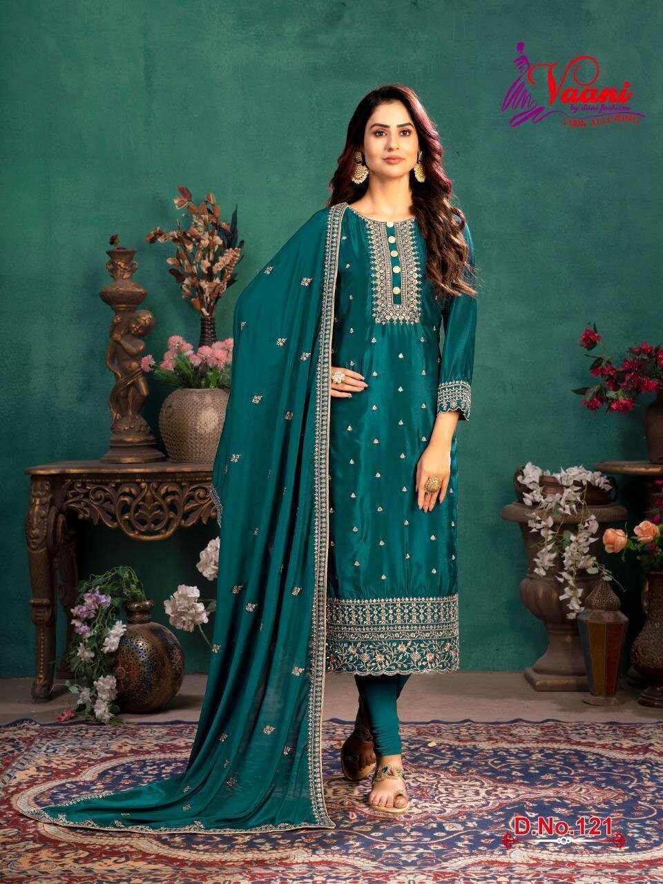 Festive Wear Churidar Suit With Embroidered In Teal Blue
