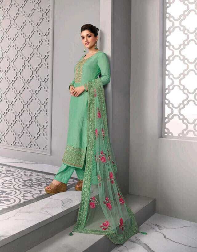 Festive wear Plazzo Suit Dola Silk Embroidered In Green