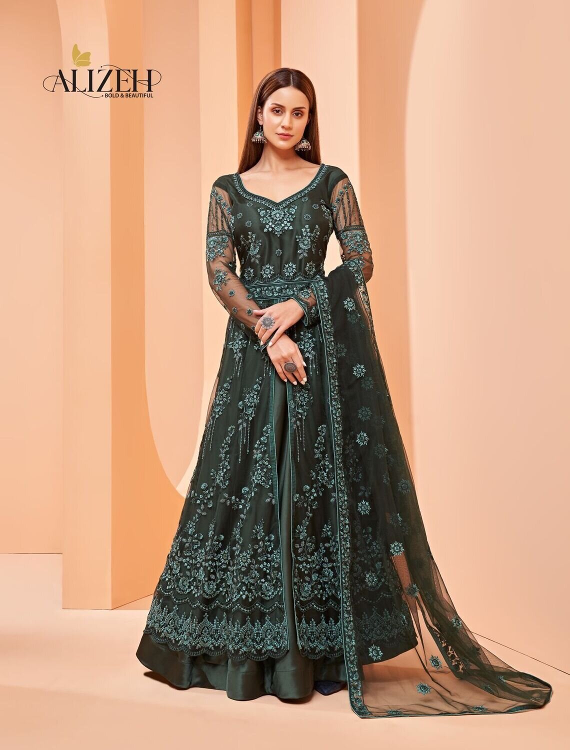 Floral Embroidered Sequence Work Anarkali Lehenga In Hunter Green